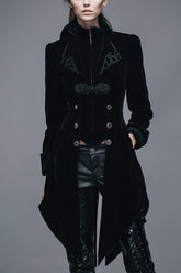 Black Embroidered High Collar Dovetail Velveteen Womens Gothic Coat